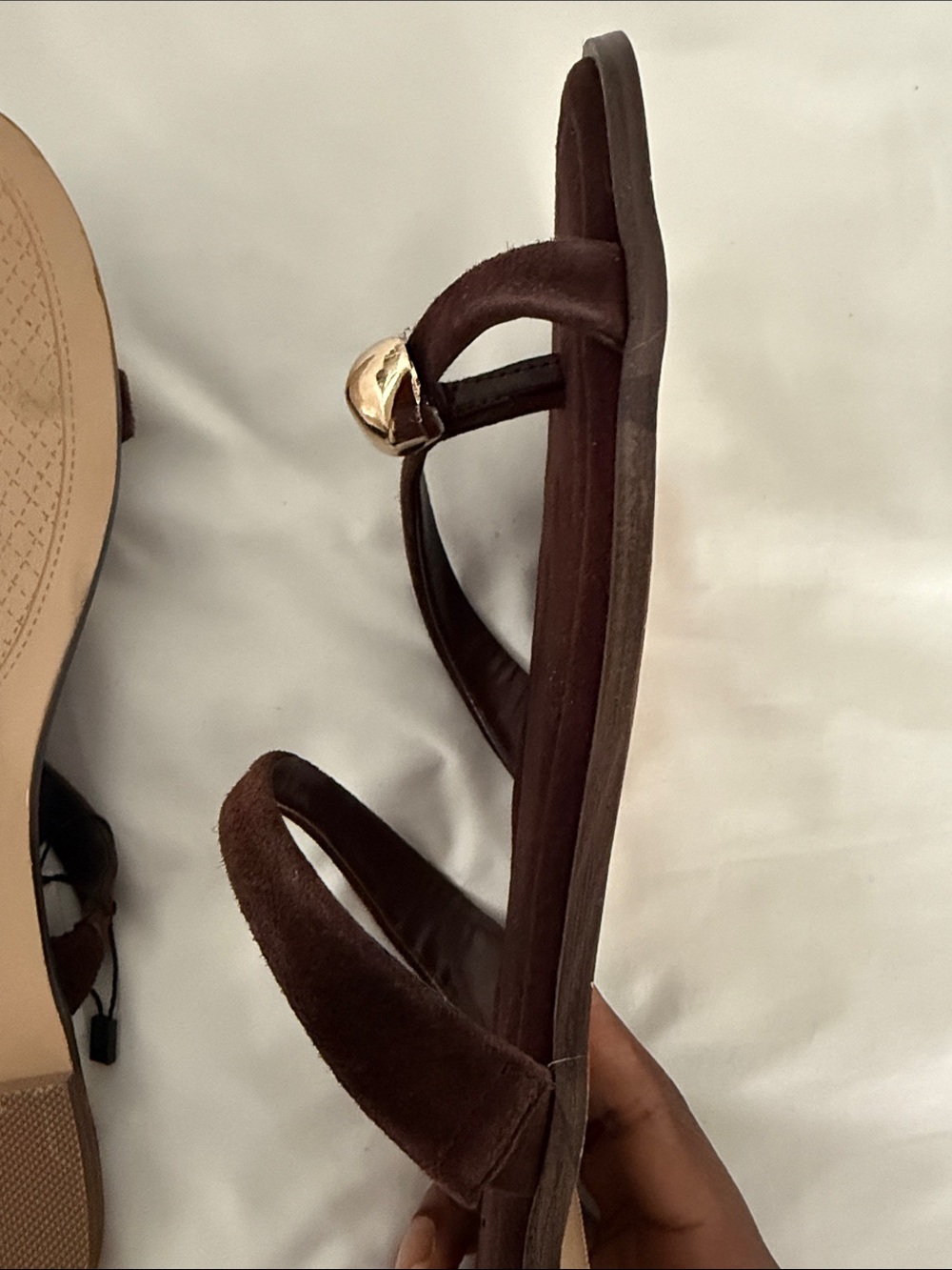 Jason Wu Brown Genuine Leather Suede Gold Toe Ring Flat Sandals Size 10 NWT - Picture 5 of 8